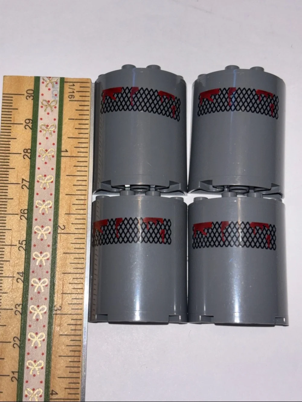 LEGO Dark Bluish Gray Cylinder with Red and Black Mesh Print (4)